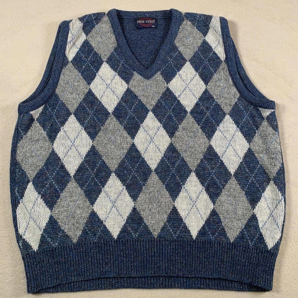 Vintage Argyle Vest Mens XL‎ Blue Acrylic Wool Blend Made In USA 90s Pine State